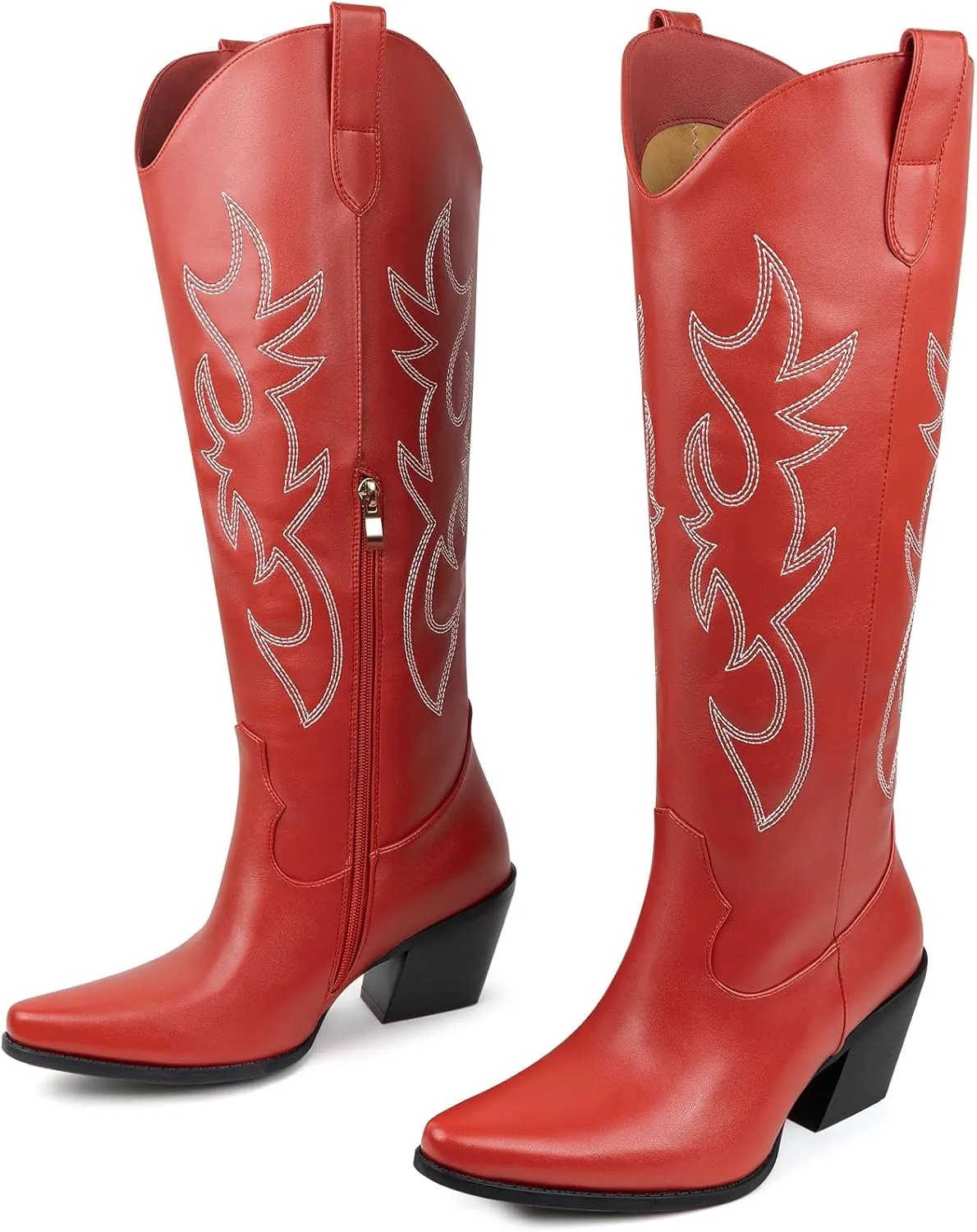 Women's Embroidered Wide Calf Western Cowgirl High Knee Boots Pull On Pointed Toe Cowboy Tall Boots for Ladies