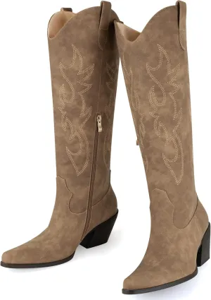 Women's Embroidered Wide Calf Western Cowgirl High Knee Boots Pull On Pointed Toe Cowboy Tall Boots for Ladies