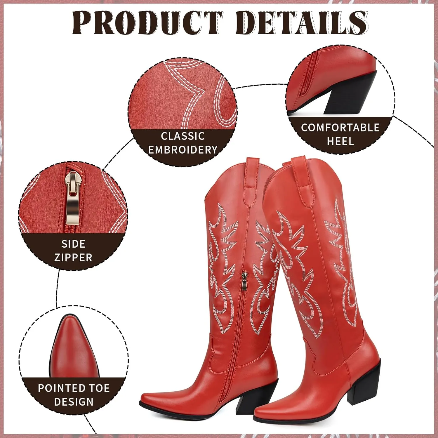 Women's Embroidered Wide Calf Western Cowgirl High Knee Boots Pull On Pointed Toe Cowboy Tall Boots for Ladies