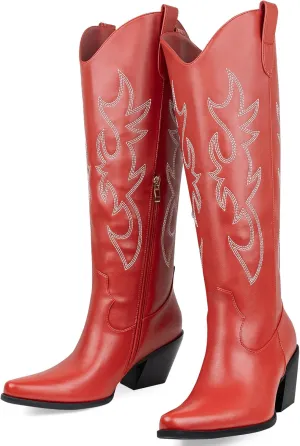 Women's Embroidered Wide Calf Western Cowgirl High Knee Boots Pull On Pointed Toe Cowboy Tall Boots for Ladies