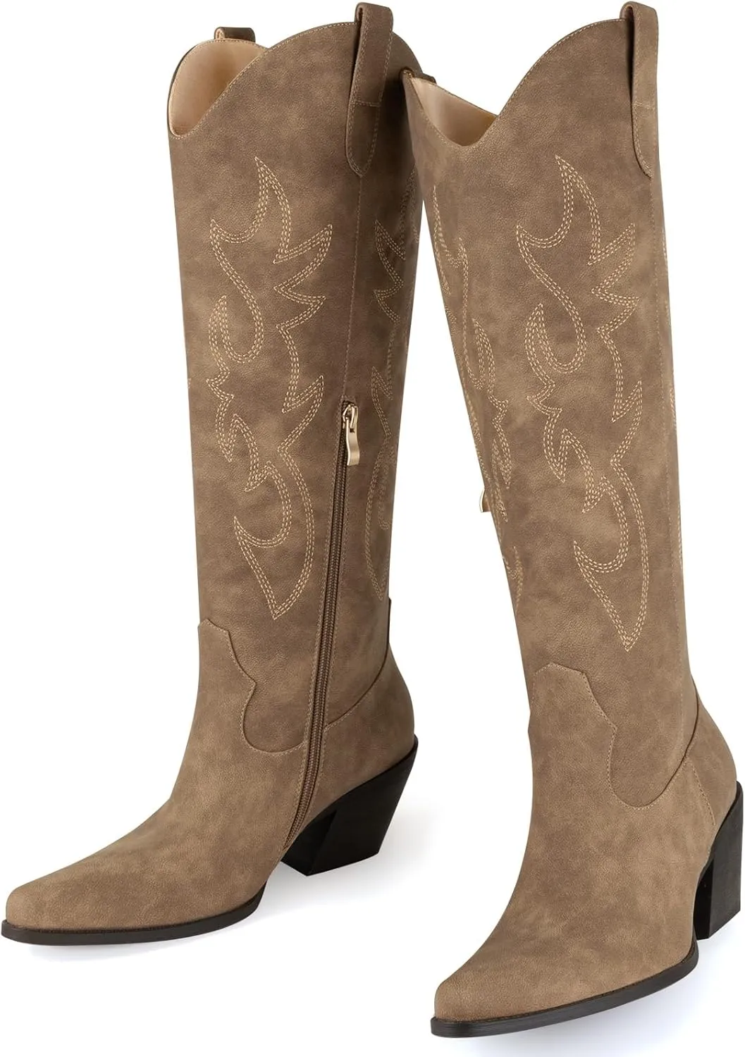 Women's Embroidered Wide Calf Western Cowgirl High Knee Boots Pull On Pointed Toe Cowboy Tall Boots for Ladies