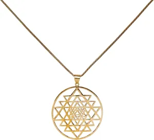 Women's Gold Tone Brass Round Sri Yantra Cosmic Geometry Pendant Necklace, 20.5"