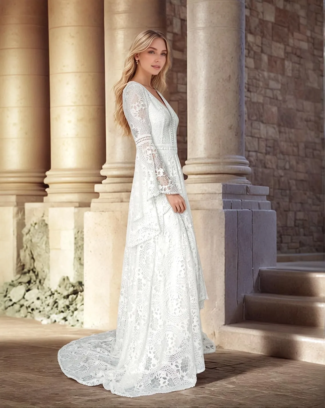 Women's Lace Wedding Dresses for Bride Long Sleeve Boho Bridal Wedding Gowns V Neck Bohemian Wedding Gown