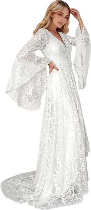 Women's Lace Wedding Dresses for Bride Long Sleeve Boho Bridal Wedding Gowns V Neck Bohemian Wedding Gown