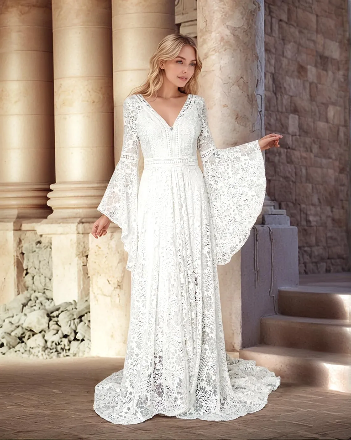 Women's Lace Wedding Dresses for Bride Long Sleeve Boho Bridal Wedding Gowns V Neck Bohemian Wedding Gown