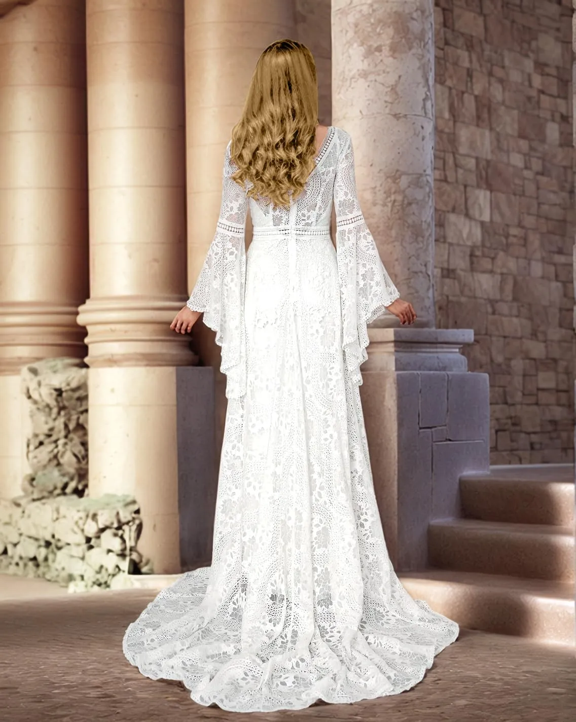 Women's Lace Wedding Dresses for Bride Long Sleeve Boho Bridal Wedding Gowns V Neck Bohemian Wedding Gown
