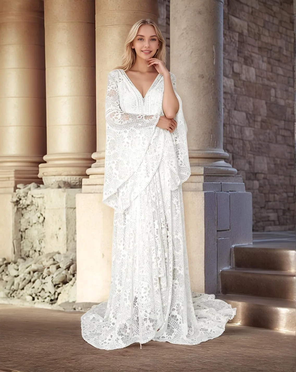 Women's Lace Wedding Dresses for Bride Long Sleeve Boho Bridal Wedding Gowns V Neck Bohemian Wedding Gown