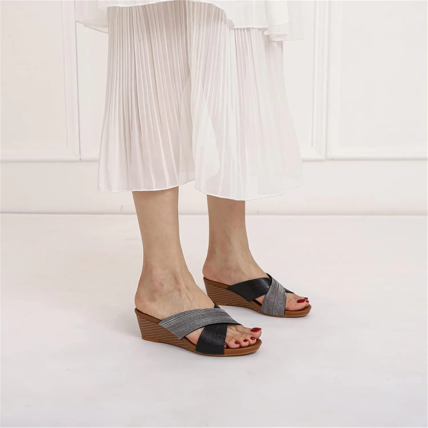 Women's Leather Platform Wedge Sandals Shiny Fashion Roman Bohemian Open Toe Slip-On Beach Casual High Heels Dressy Slippers