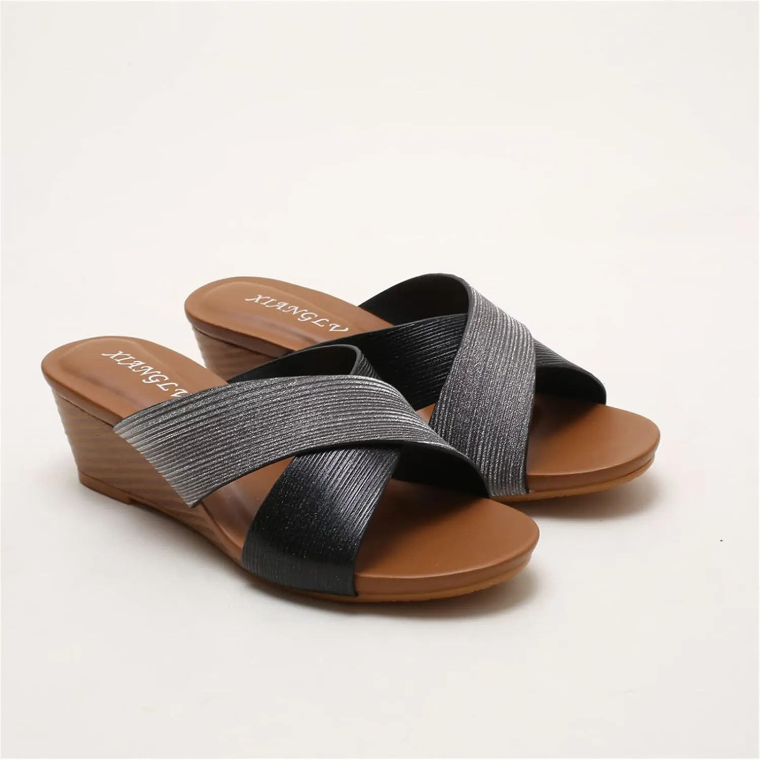 Women's Leather Platform Wedge Sandals Shiny Fashion Roman Bohemian Open Toe Slip-On Beach Casual High Heels Dressy Slippers