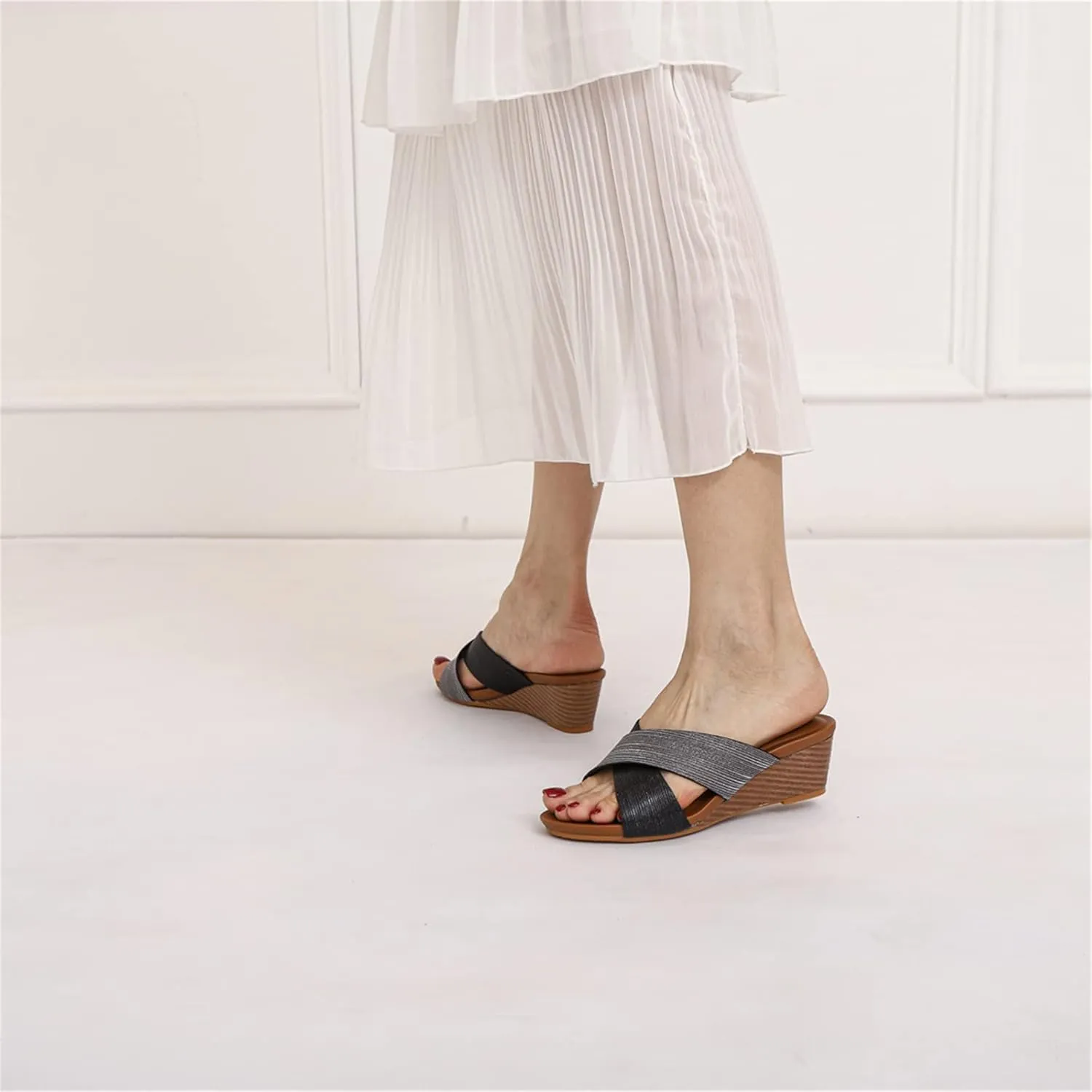 Women's Leather Platform Wedge Sandals Shiny Fashion Roman Bohemian Open Toe Slip-On Beach Casual High Heels Dressy Slippers