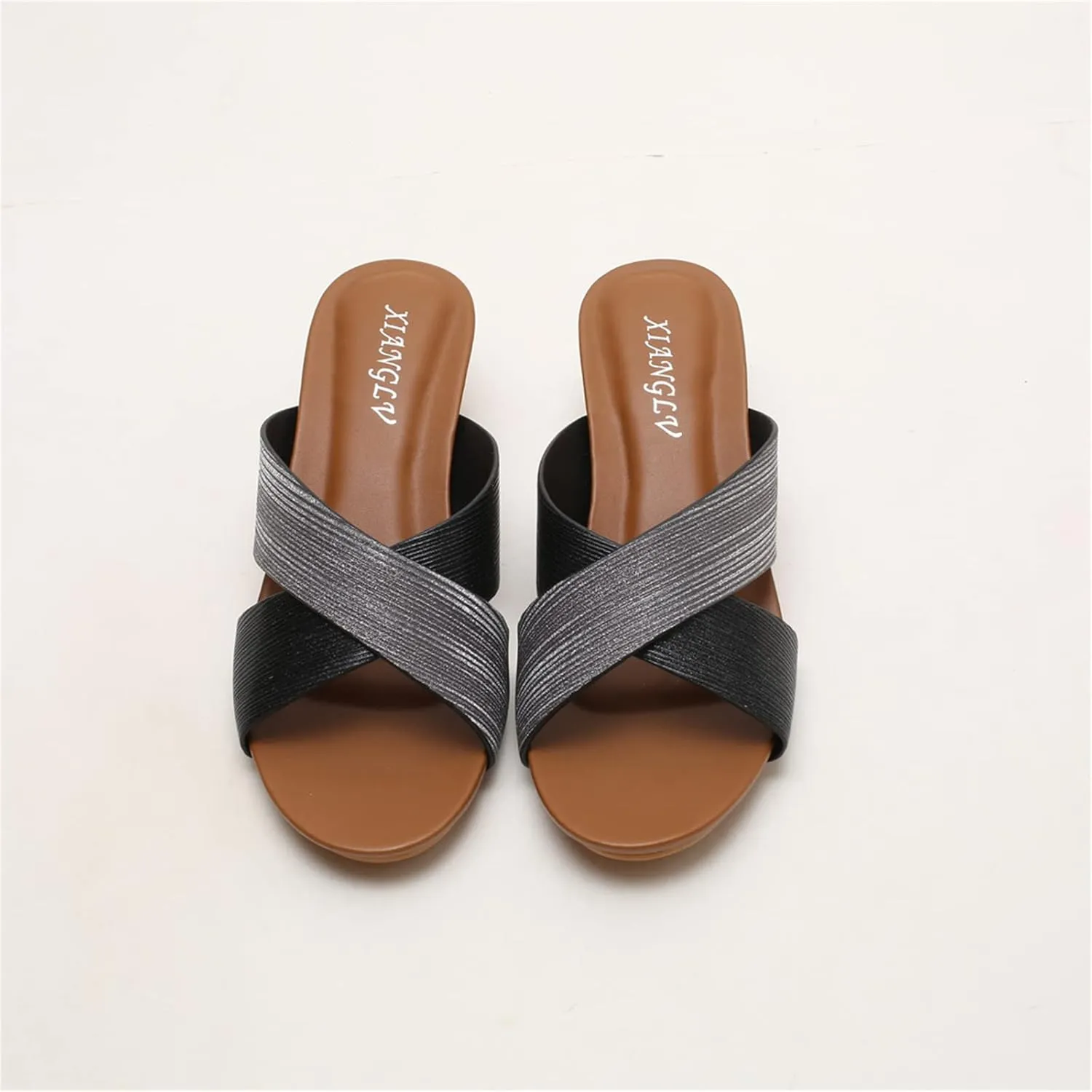 Women's Leather Platform Wedge Sandals Shiny Fashion Roman Bohemian Open Toe Slip-On Beach Casual High Heels Dressy Slippers