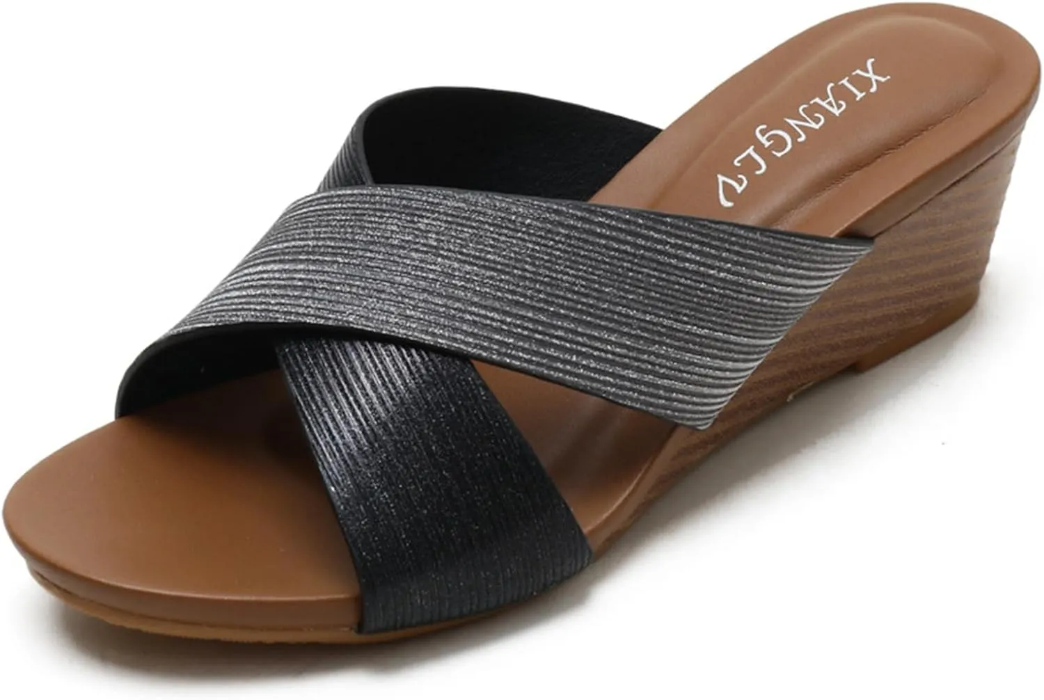 Women's Leather Platform Wedge Sandals Shiny Fashion Roman Bohemian Open Toe Slip-On Beach Casual High Heels Dressy Slippers