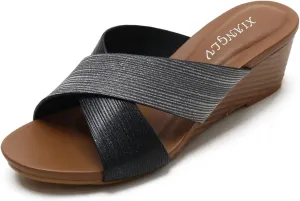Women's Leather Platform Wedge Sandals Shiny Fashion Roman Bohemian Open Toe Slip-On Beach Casual High Heels Dressy Slippers