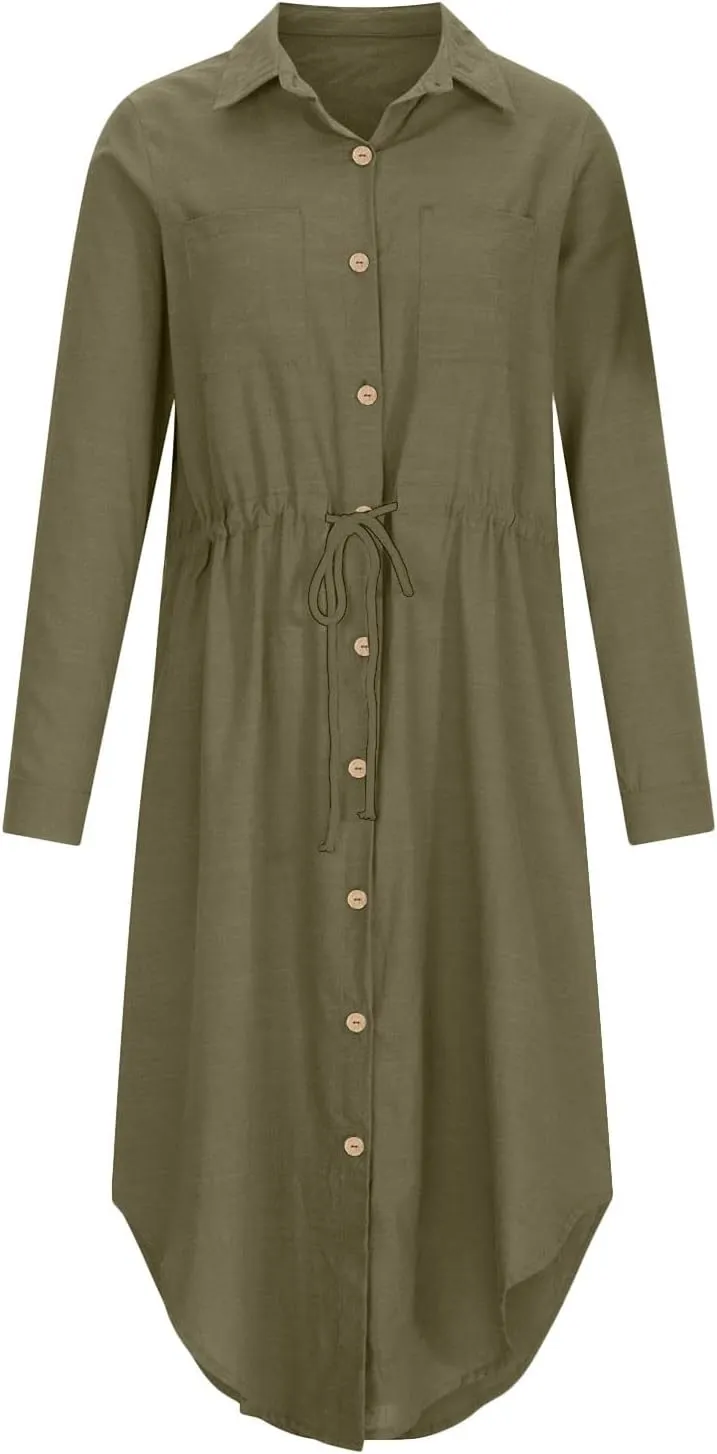 Women's Long Sleeve Cotton Linen Midi Dresses Solid Color Collared Tunic Dress Button Up Casual Beach Long Dress