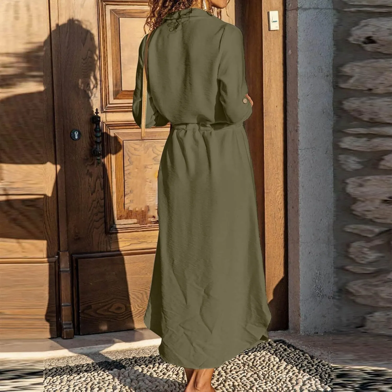 Women's Long Sleeve Cotton Linen Midi Dresses Solid Color Collared Tunic Dress Button Up Casual Beach Long Dress
