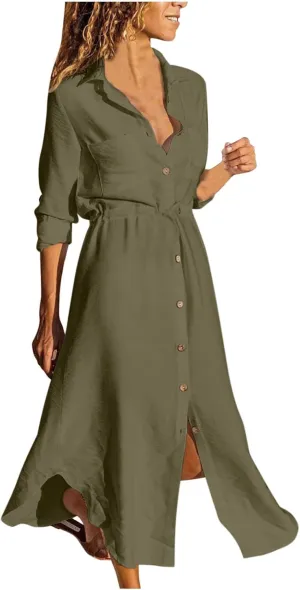 Women's Long Sleeve Cotton Linen Midi Dresses Solid Color Collared Tunic Dress Button Up Casual Beach Long Dress