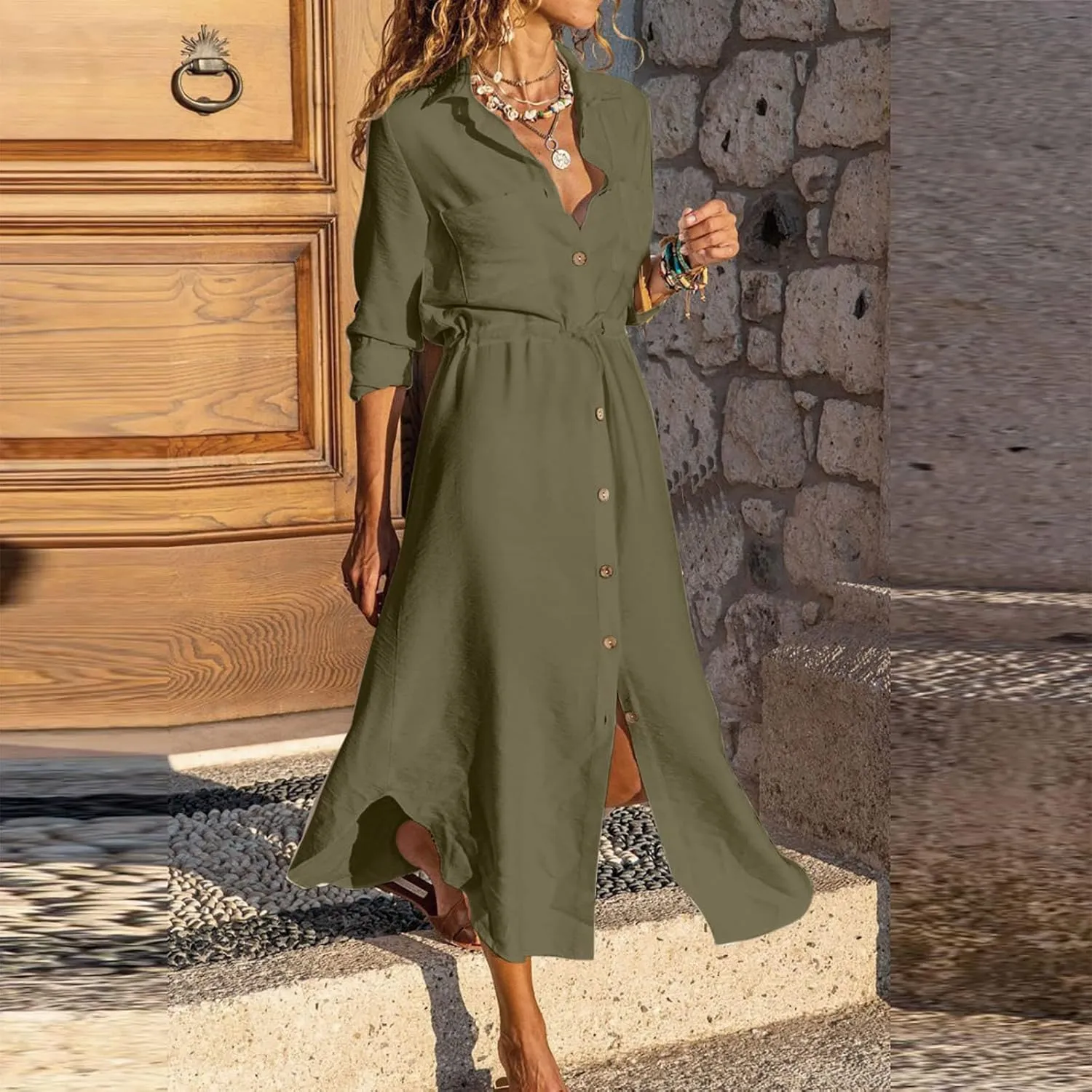 Women's Long Sleeve Cotton Linen Midi Dresses Solid Color Collared Tunic Dress Button Up Casual Beach Long Dress