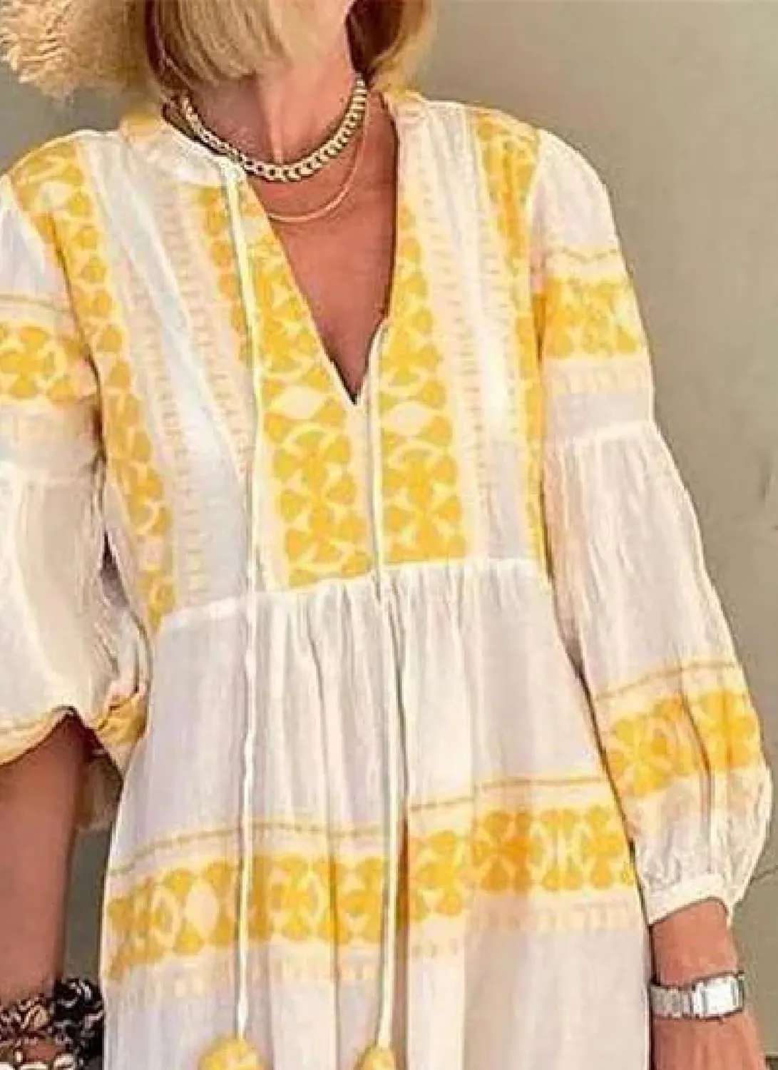 Women's Maxi Dress Yellow Print V Neck Long Sleeve Fresh Bohemian Style 2025 Summer Spring Vacation Beach Dress