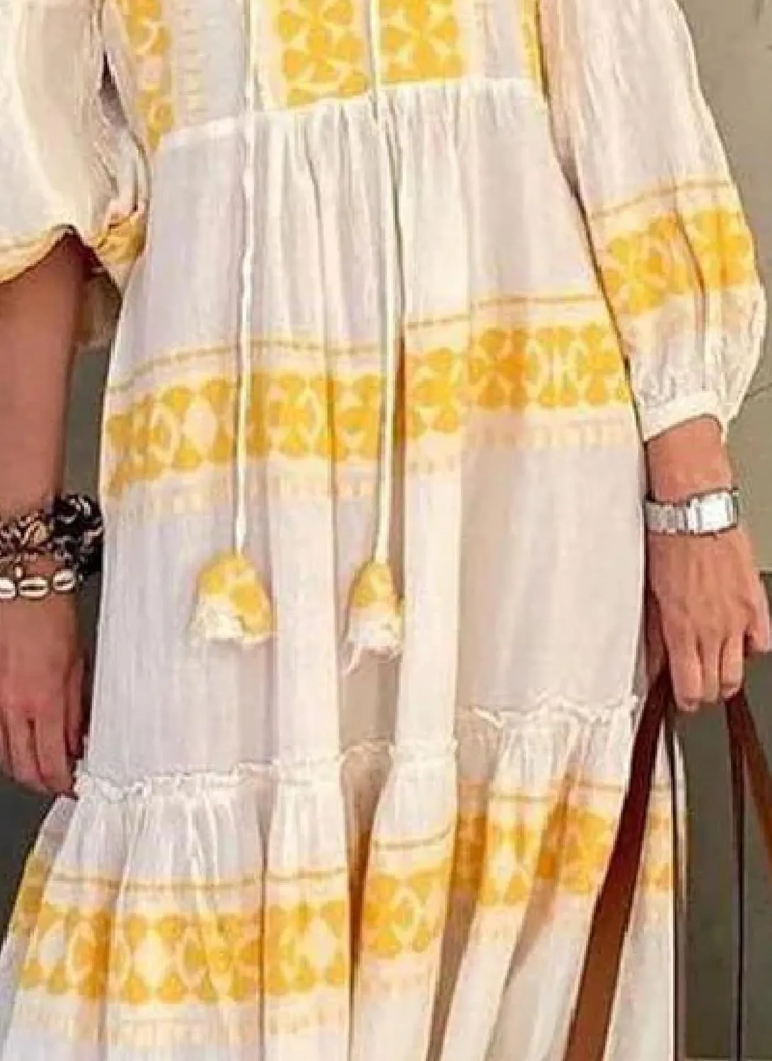 Women's Maxi Dress Yellow Print V Neck Long Sleeve Fresh Bohemian Style 2025 Summer Spring Vacation Beach Dress