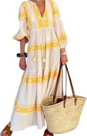Women's Maxi Dress Yellow Print V Neck Long Sleeve Fresh Bohemian Style 2025 Summer Spring Vacation Beach Dress
