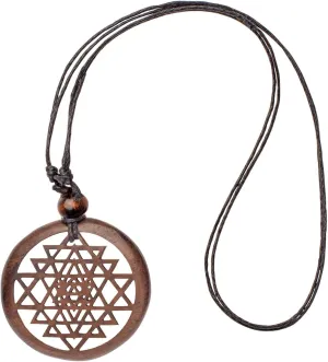 Women's Men's Wood Brown Round Sri Cosmic Yantra Ethnic Adjustable Pendant Necklace