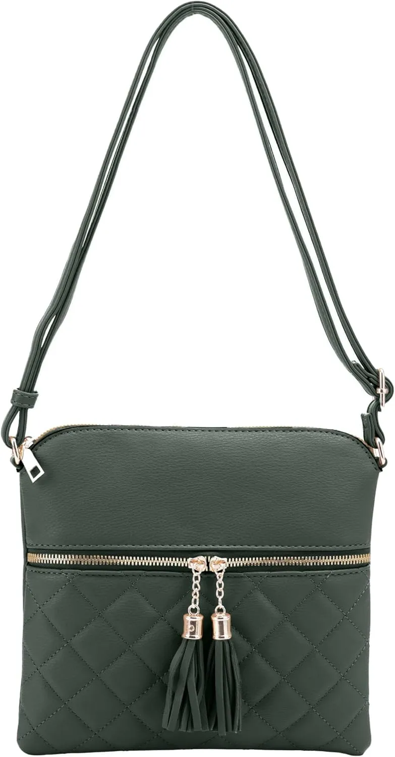 Women's Quilted Chevron Diamond Slim Multi Pocket Tassel Zipper Messenger Crossbody