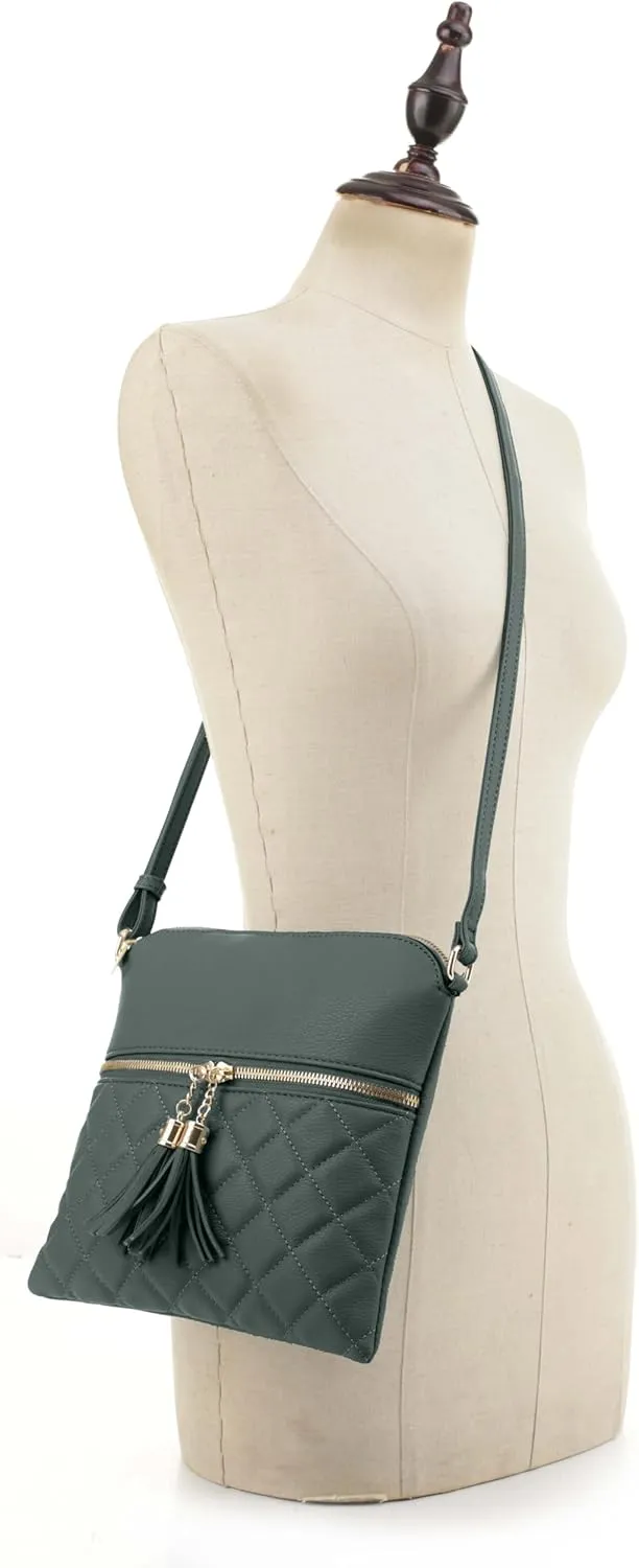 Women's Quilted Chevron Diamond Slim Multi Pocket Tassel Zipper Messenger Crossbody