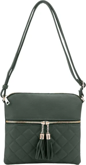 Women's Quilted Chevron Diamond Slim Multi Pocket Tassel Zipper Messenger Crossbody