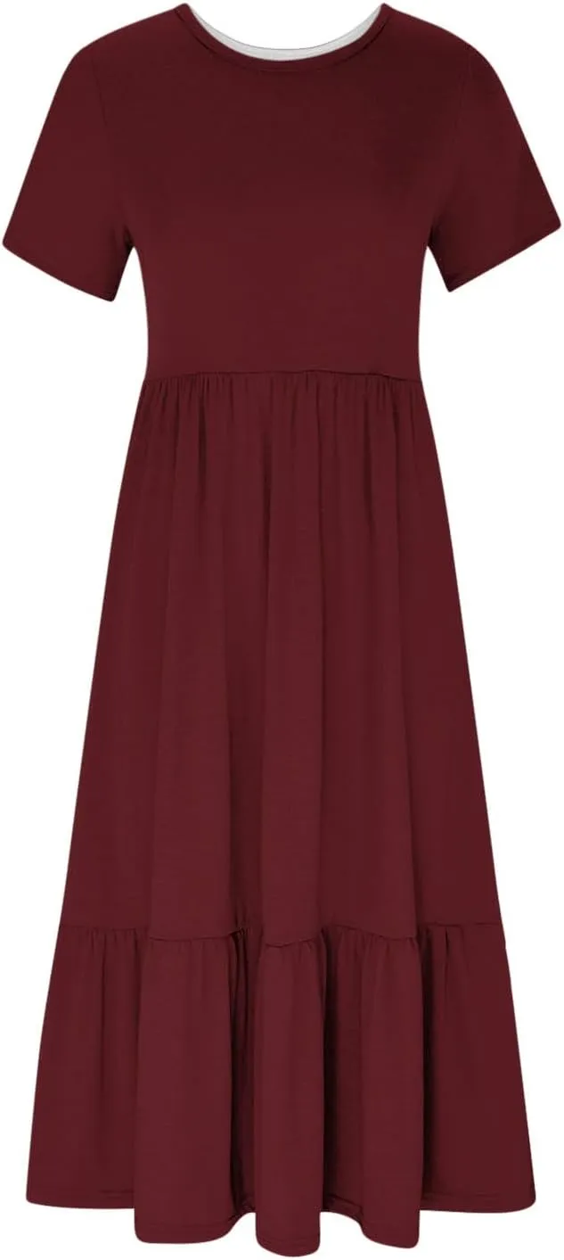 Women's Short Sleeve Casual Midi Dresses Simple Solid Color Sun Dresses Comfy Fashion Loose Fi Dress with Pockets