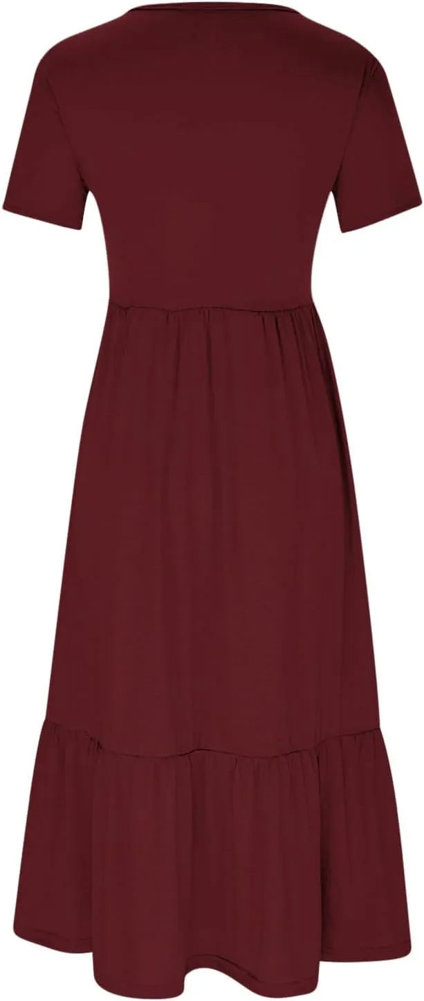 Women's Short Sleeve Casual Midi Dresses Simple Solid Color Sun Dresses Comfy Fashion Loose Fi Dress with Pockets