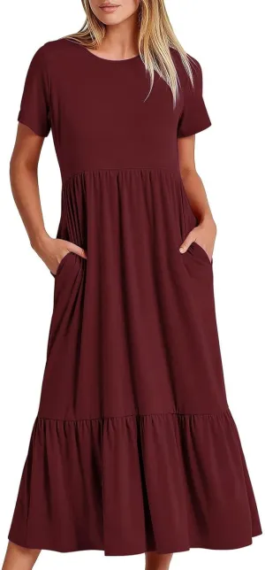 Women's Short Sleeve Casual Midi Dresses Simple Solid Color Sun Dresses Comfy Fashion Loose Fi Dress with Pockets