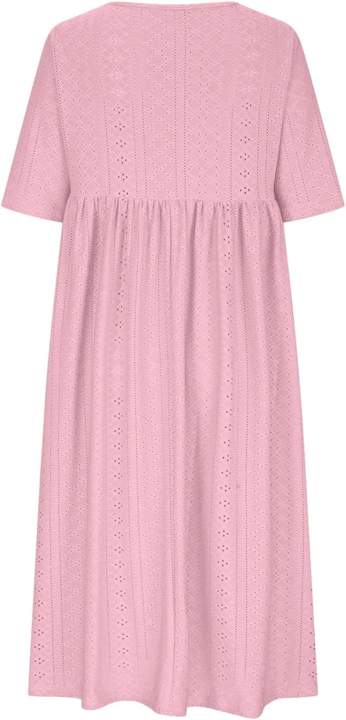 Womens Short Sleeve Casual Sundress Simple Solid Color Midi Dress Loose Casual Eyelet Comfy Summer Dresses