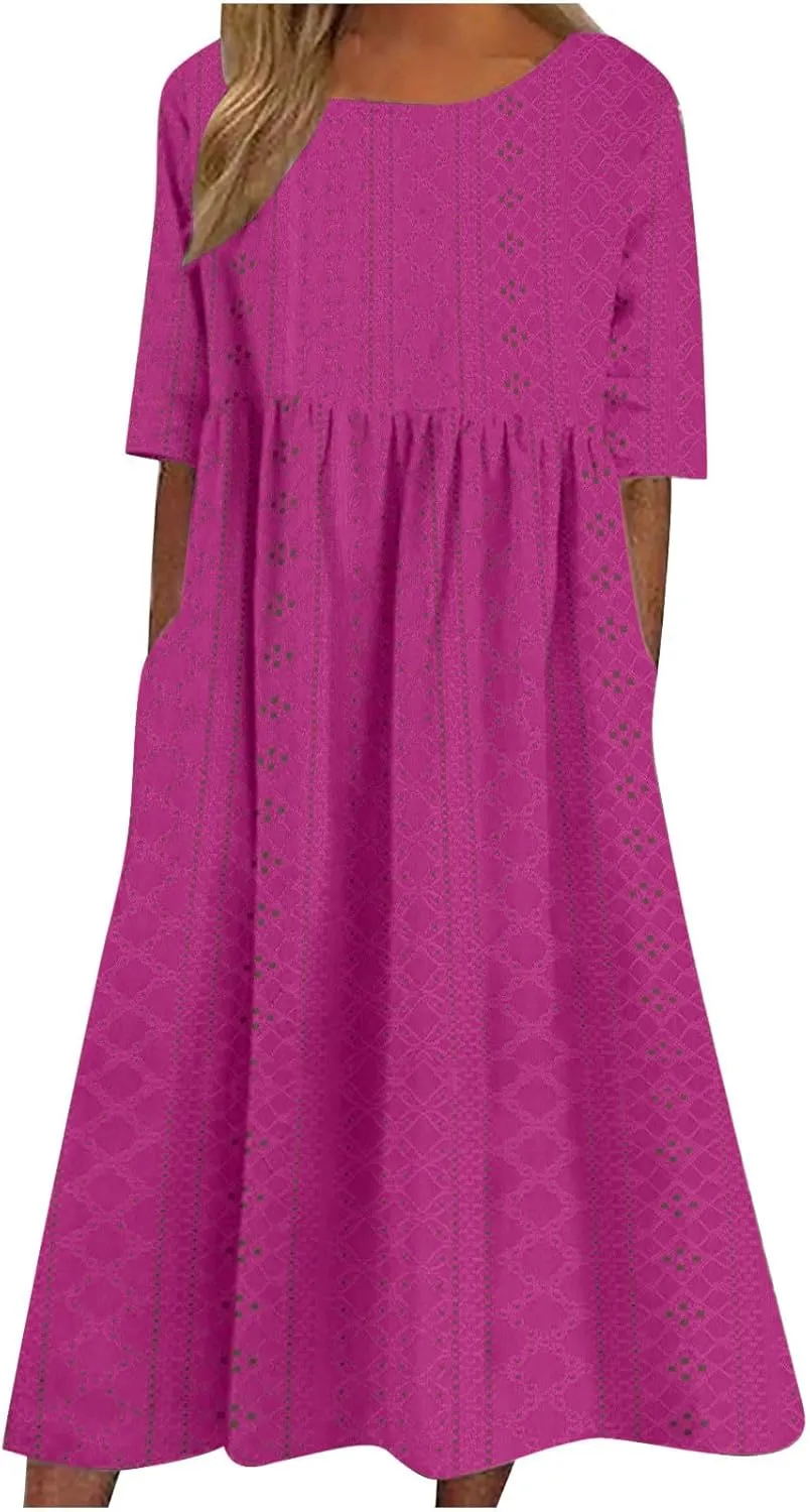 Womens Short Sleeve Casual Sundress Simple Solid Color Midi Dress Loose Casual Eyelet Comfy Summer Dresses