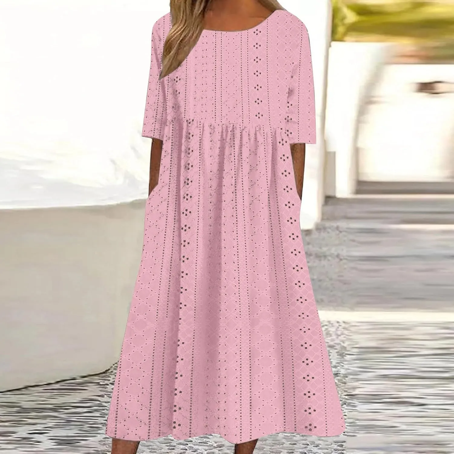 Womens Short Sleeve Casual Sundress Simple Solid Color Midi Dress Loose Casual Eyelet Comfy Summer Dresses