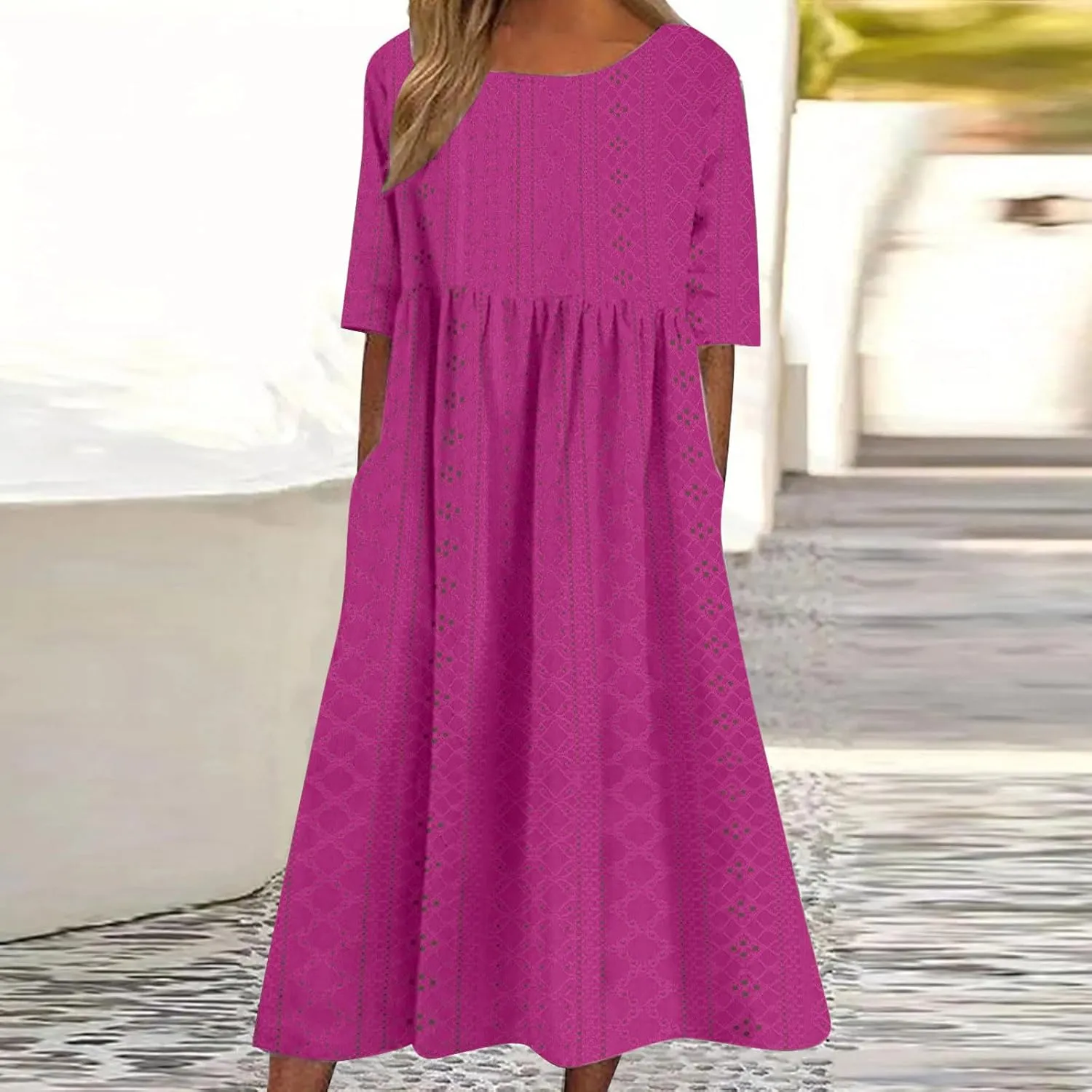 Womens Short Sleeve Casual Sundress Simple Solid Color Midi Dress Loose Casual Eyelet Comfy Summer Dresses