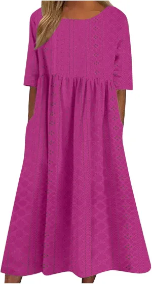 Womens Short Sleeve Casual Sundress Simple Solid Color Midi Dress Loose Casual Eyelet Comfy Summer Dresses