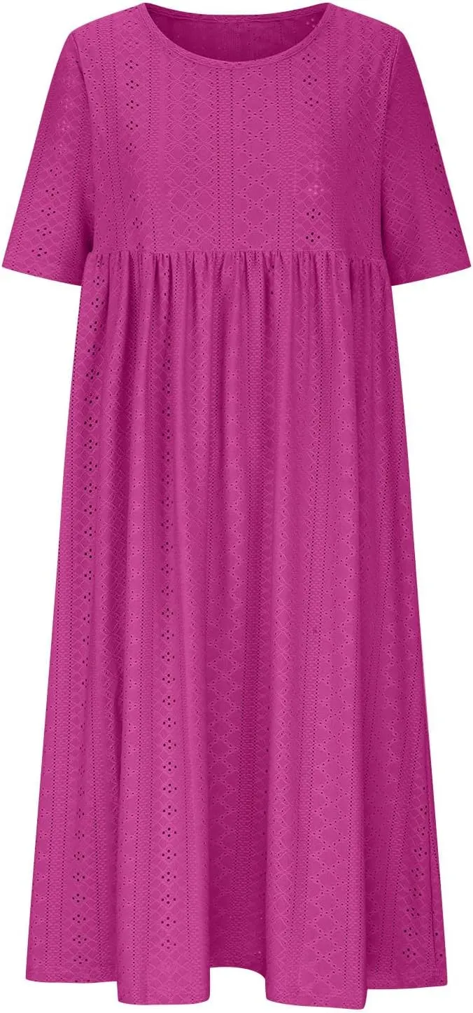 Womens Short Sleeve Casual Sundress Simple Solid Color Midi Dress Loose Casual Eyelet Comfy Summer Dresses