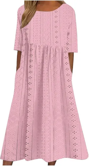 Womens Short Sleeve Casual Sundress Simple Solid Color Midi Dress Loose Casual Eyelet Comfy Summer Dresses