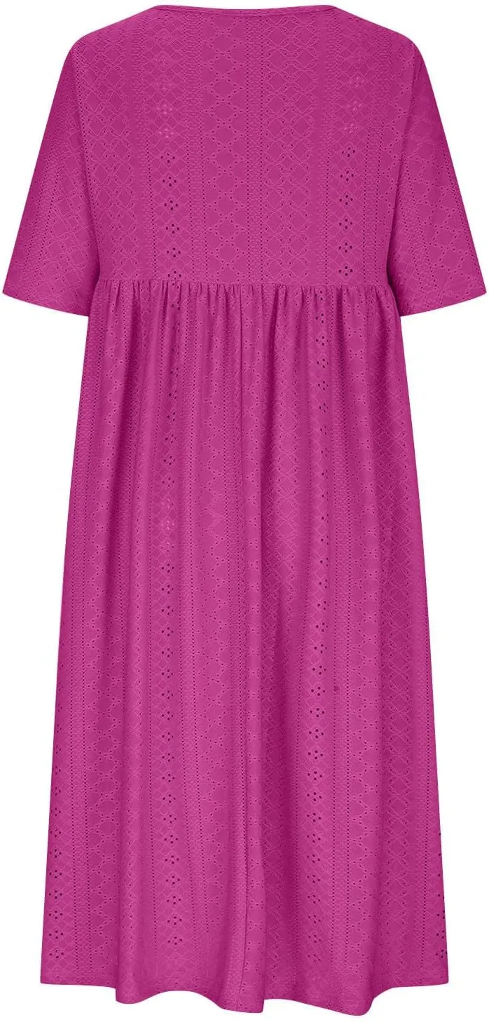 Womens Short Sleeve Casual Sundress Simple Solid Color Midi Dress Loose Casual Eyelet Comfy Summer Dresses