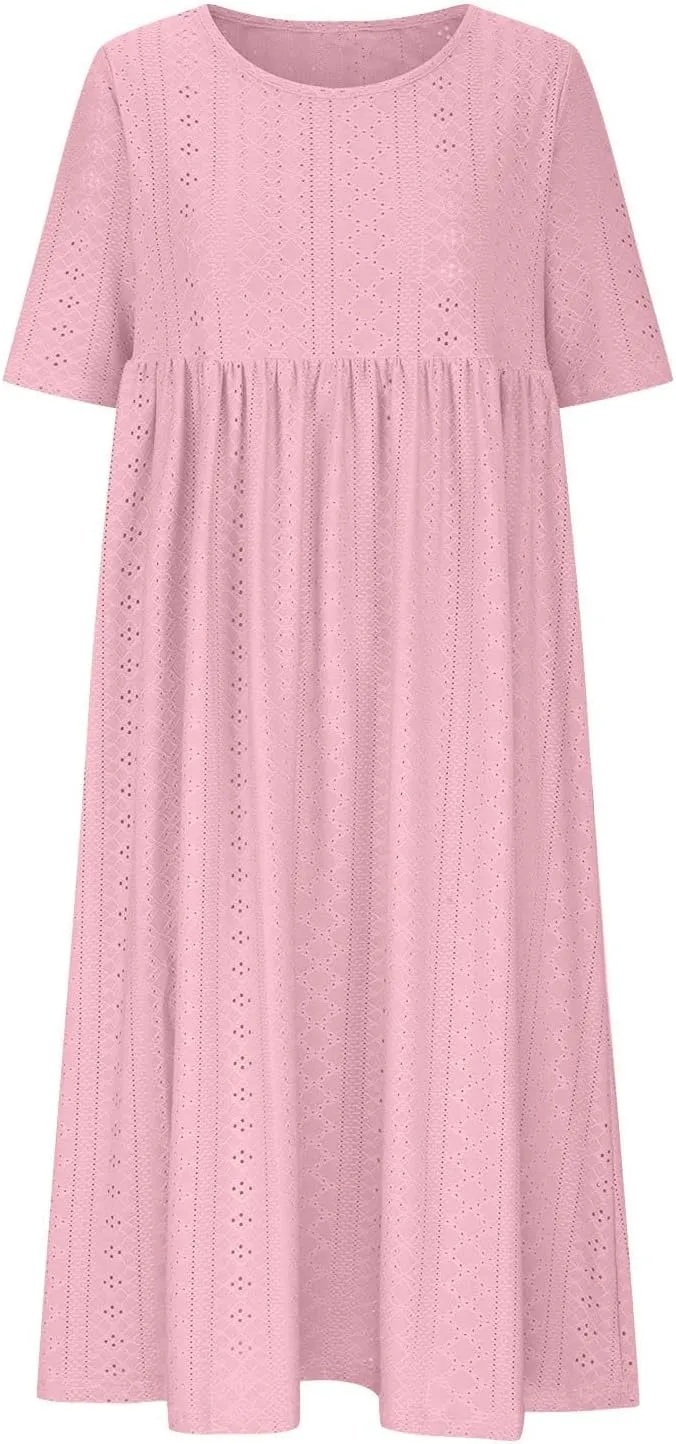 Womens Short Sleeve Casual Sundress Simple Solid Color Midi Dress Loose Casual Eyelet Comfy Summer Dresses