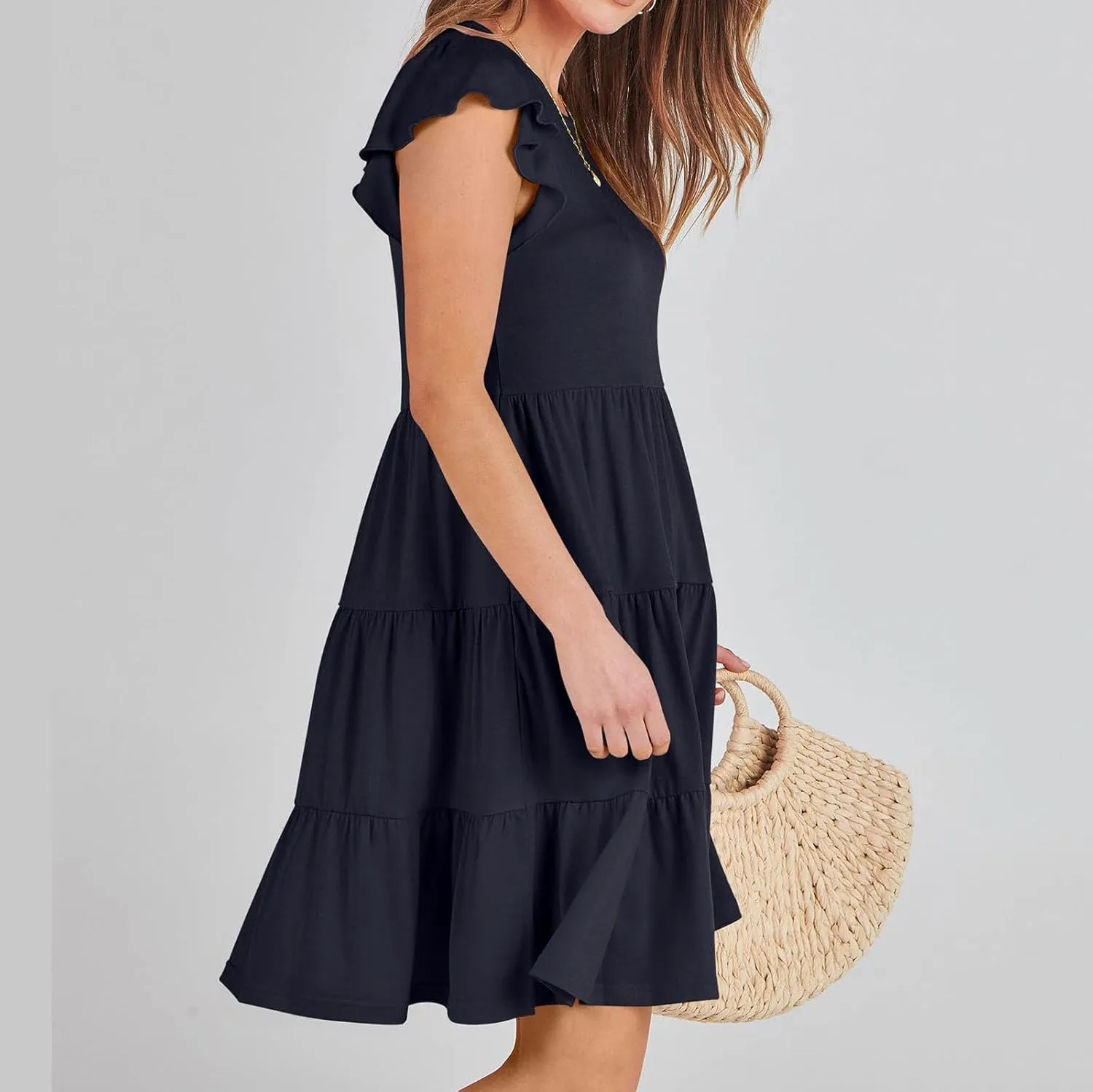 Women's Short Sleeve Casual Sundresses Simple Solid Color Summer Dresses Fit and Flare Beach Dress with Pockets