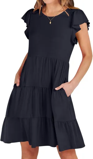 Women's Short Sleeve Casual Sundresses Simple Solid Color Summer Dresses Fit and Flare Beach Dress with Pockets