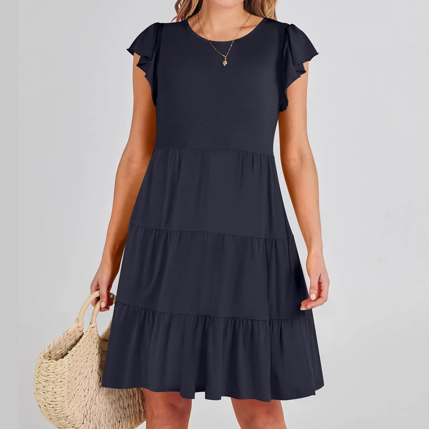 Women's Short Sleeve Casual Sundresses Simple Solid Color Summer Dresses Fit and Flare Beach Dress with Pockets