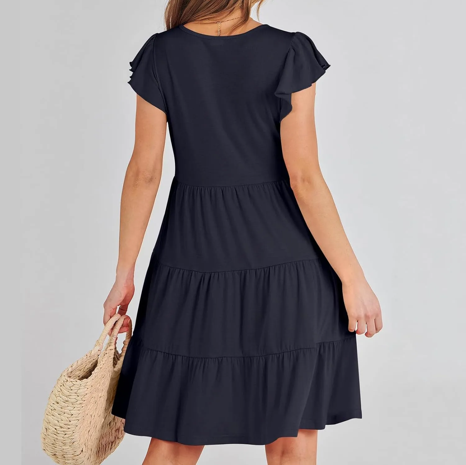 Women's Short Sleeve Casual Sundresses Simple Solid Color Summer Dresses Fit and Flare Beach Dress with Pockets