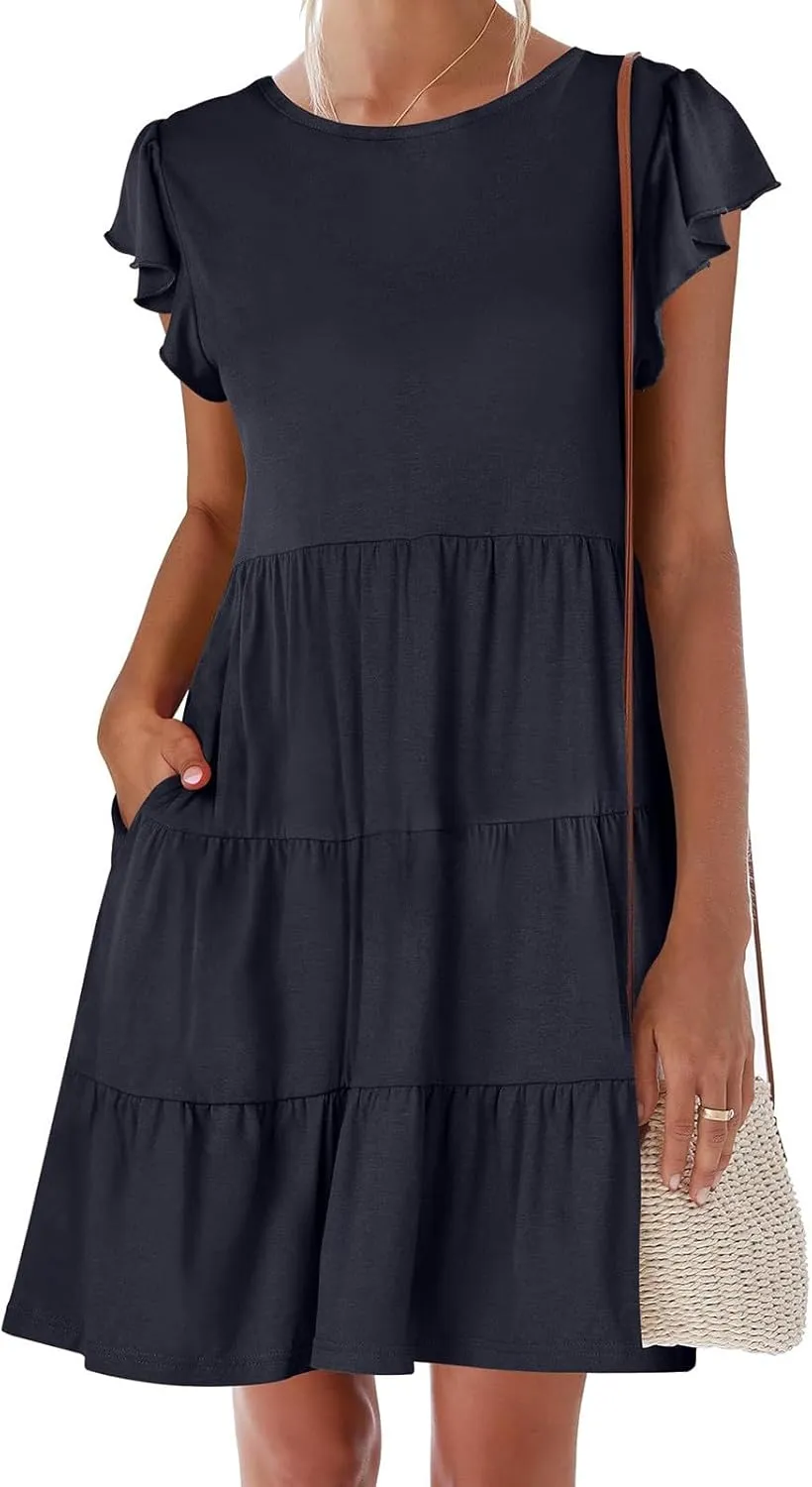 Women's Short Sleeve Casual Sundresses Simple Solid Color Summer Dresses Fit and Flare Beach Dress with Pockets