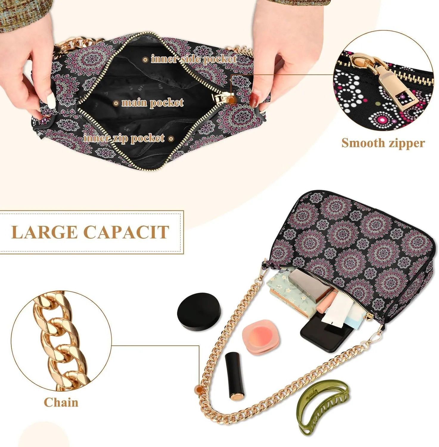 Women's Shoulder Handbags Chain Shoulder Brace for Women Bag Bohemian Print Ladies Vacation Handbags Tote Purse,Multi1