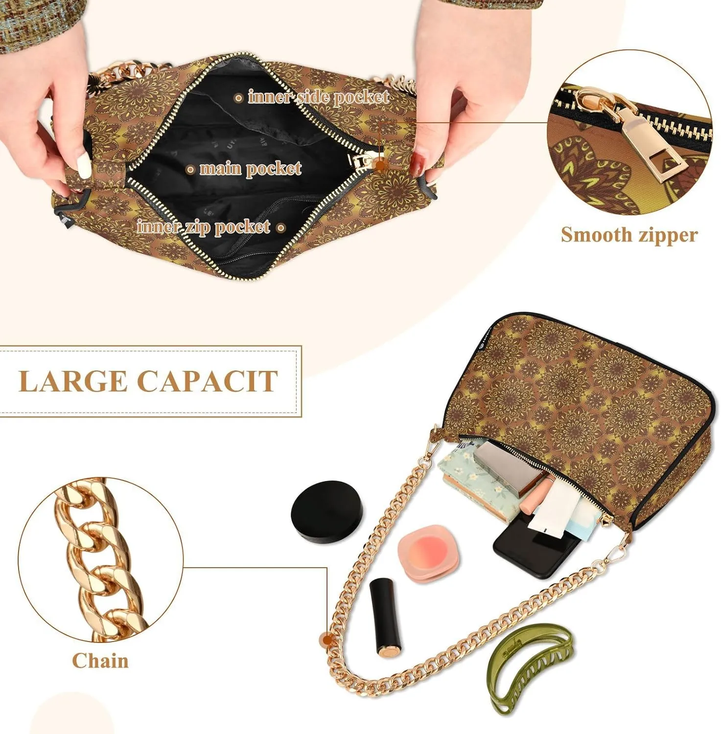 Women's Shoulder Handbags Chain Shoulder Brace for Women Bag Bohemian Print Ladies Vacation Handbags Tote Purse,Multi1