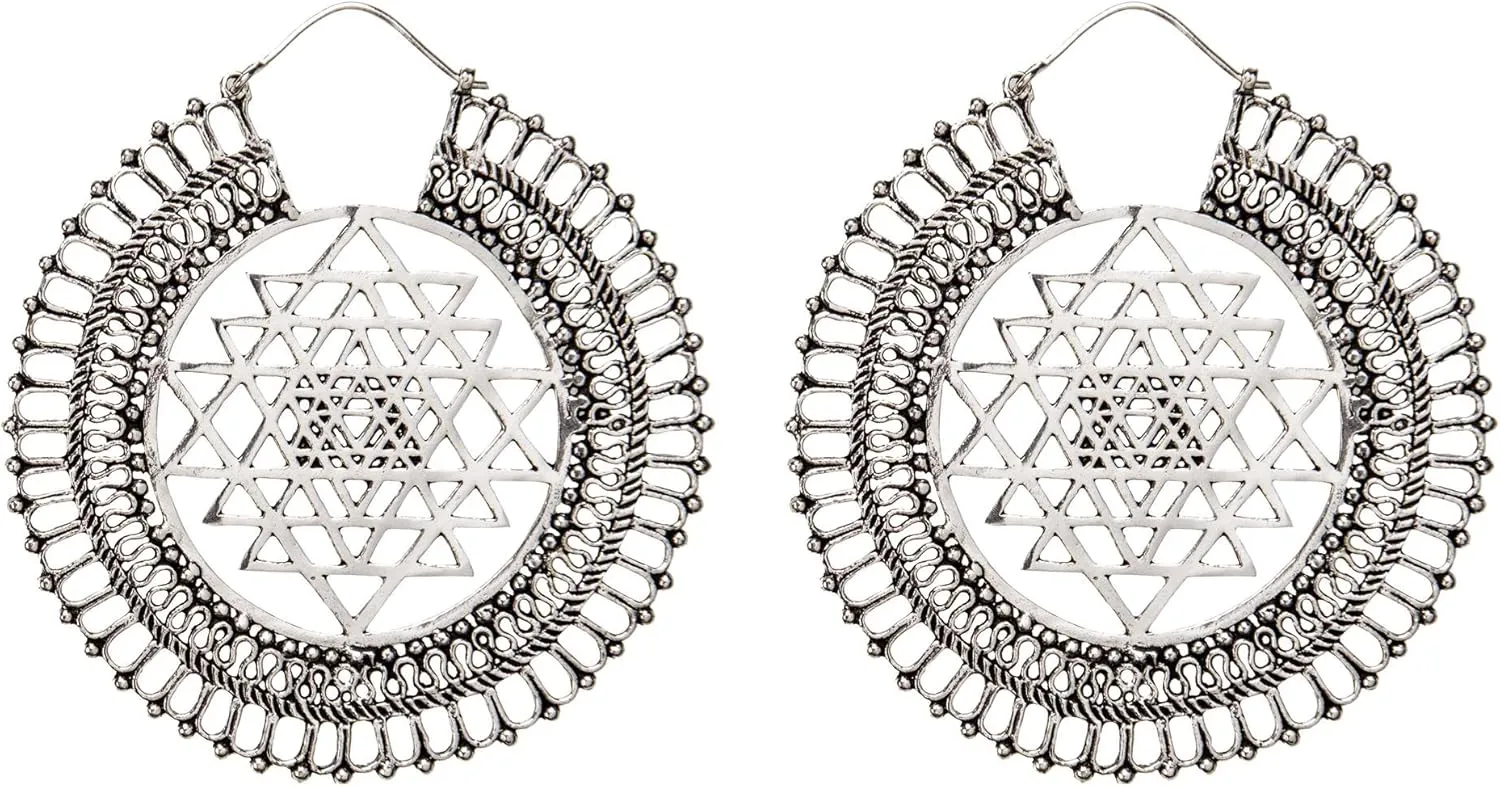 Women's Silver Tone Brass Large Indian Cosmic Tribal Disc Sri Yantra Dotwork Earrings