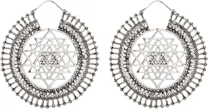 Women's Silver Tone Brass Large Indian Cosmic Tribal Disc Sri Yantra Dotwork Earrings