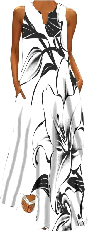 Womens Sleeveless Trendy Sundress Flower Pattern Print Maxi Dress Loose Fit Casual Vintage Summer Dresses
